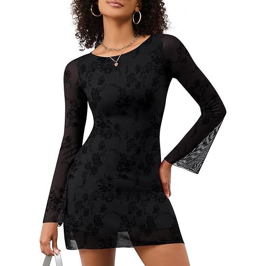 Long-sleeved mesh bell sleeve dress